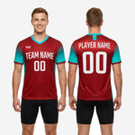 Custom teal soccer training jersey collar and cuff detail showing teal V-neck trim and dark red cuff band on teal gradient sleeve