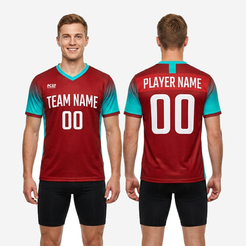 Custom teal soccer training jersey collar and cuff detail showing teal V-neck trim and dark red cuff band on teal gradient sleeve