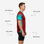 Custom teal soccer training jersey front detail showing team name placement crest zone and squad number on sublimated dark red chest