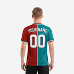 Back view of custom teal and dark red split soccer jersey with player name and number in white sublimated print