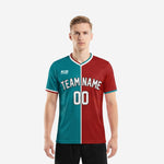 Front view of custom red soccer shirt with teal and dark red vertical split and team name on chest worn by male model