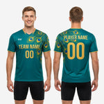 Detail view of gold V-neckline trim and sleeve cuff stripe on custom teal green soccer training jersey