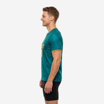 Custom teal and gold green soccer training jersey right side profile showing V-neck and short sleeve construction