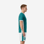 Custom teal men soccer outfit showing white side panel construction, left side view