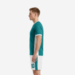 Custom teal men soccer outfit with white shorts and teal leg stripe, right side view