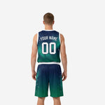 Opposite side view of custom teal and navy sublimated basketball uniform showing gradient wrap and shorts number placement
