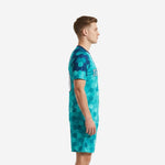 Men's custom teal and navy soccer uniform kit side view showing hex geometric pattern across jersey and shorts