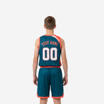 Opposite side view of teal and coral-orange youth basketball uniform set showing sublimated polyester jersey and matching shorts construction