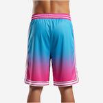 Back view of custom teal and pink gradient basketball shorts with white side panel and striped hem band