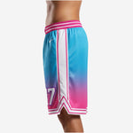 Left side view of sublimated teal to pink gradient basketball shorts with elastic drawcord waistband