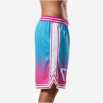 Side view of custom teal basketball shorts showing full-length white side panel with pink trim and pointed hem split