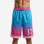 Custom teal and pink gradient basketball shorts with white side panels and striped waistband, front view showing player number 17