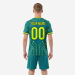 Detail view of circuit board pattern on teal custom soccer jersey by K2 Sportswear