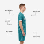 Custom teal soccer shorts with diagonal white sublimated line accents on outer leg panel and player number print