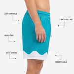 Custom teal soccer shorts elastic waistband with white drawcord detail, athletic cut above knee