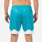 Teal soccer shorts close detail showing sublimated white player number 00 on right leg panel