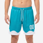 Custom teal soccer shorts with white wave hem panel and player number 00 on right leg, front view on male model