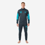 Custom teal soccer tracksuit in charcoal and teal ink-splash print, mens full set front view with team logo and number on chest