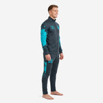 Custom teal soccer tracksuit charcoal side view showing teal splash panels on jacket sleeves and tapered pant legs