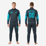 Custom teal soccer tracksuit tapered pants detail showing teal splash side panel print and player number on left thigh
