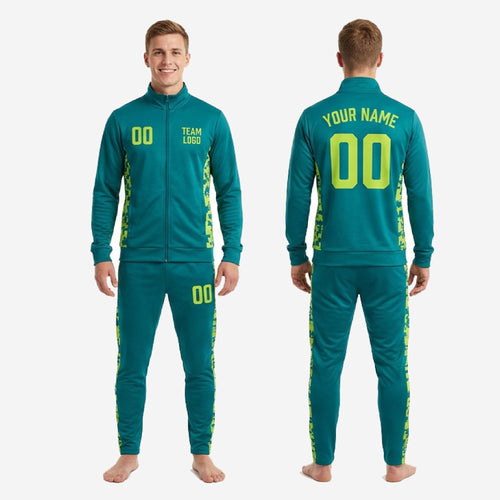 Full custom teal and neon yellow soccer tracksuit set showing athletic cut and 2-piece construction