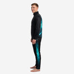Custom teal soccer tracksuit second side view showing full zip stand collar jacket and tapered black pants with teal panel