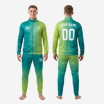 Custom teal and lime green soccer tracksuit 2-piece set showing matching jacket and pants for men's club teams