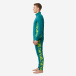 Custom teal soccer tracksuit right side view with neon yellow digital camo panel on jacket and pants