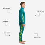 Matching teal tapered soccer track pants with neon yellow digital camo side panel and left thigh number zone