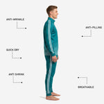 Teal soccer tracksuit tapered pants with elastic drawcord waist, white side stripe, and ribbed ankle cuff for training and matchday wear