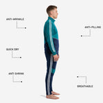 Custom teal soccer tracksuit pants detail showing teal contrast thigh panel and white double stripe on navy blue leg