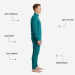 Custom teal soccer tracksuit side view on male model with anti-wrinkle, anti-pilling, quick dry and breathable fabric callouts