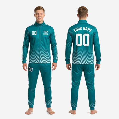 Full print teal soccer tracksuit showing wave-stripe sublimation detail across lower jacket body and matching pant leg stripe pattern