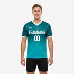 Custom teal soccer training jersey front view showing team name and player number 00 printed in white on gradient teal body