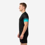 Custom teal soccer training jersey showing team name and squad number placement zones on 100 percent polyester performance fabric