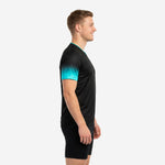 V-neckline with teal contrast trim on a custom black soccer training jersey by K2 Sportswear
