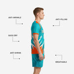 Custom teal soccer uniform back view showing player name and number print zones on sublimated jersey and shorts set