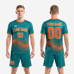 Custom teal and orange soccer uniform full kit back view showing player name and number customization zones