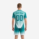 Custom teal sublimated soccer jersey for men, close detail of geometric chest pattern and team name zone