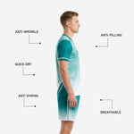Matching teal-to-white gradient soccer shorts with white side stripes, part of men's custom soccer outfit