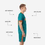 Custom teal soccer kit back view showing player name and number in orange full-dye sublimation