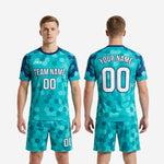 Men's custom teal hex sublimated soccer uniform full set showing jersey and matching shorts from K2 Sportswear