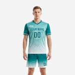 Custom teal and white gradient soccer outfit for men, front view, full-dye sublimated jersey and shorts
