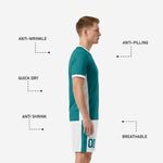 Detail of white soccer shorts with teal side stripe and sublimated player number