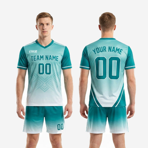 Full custom teal and white sublimated soccer kit for men, jersey and shorts set, full-body view