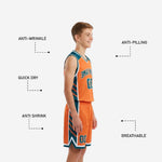 Opposite side view of orange and teal youth basketball uniform set with teal geometric side panels and elastic waistband shorts