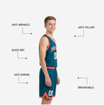 Back view of custom teal youth basketball jersey and shorts showing back name and number print zones in white with coral outline