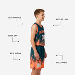 Back view of kids basketball team uniforms in teal showing back player name and number placement above flame graphic