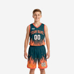 Custom teal youth basketball uniforms with orange flame sublimation print, arched team name across chest, and matching shorts with front number