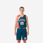 Custom teal youth basketball uniforms front and back view showing coral-orange curved side panel arched team name and matching shorts with chevron hem trim